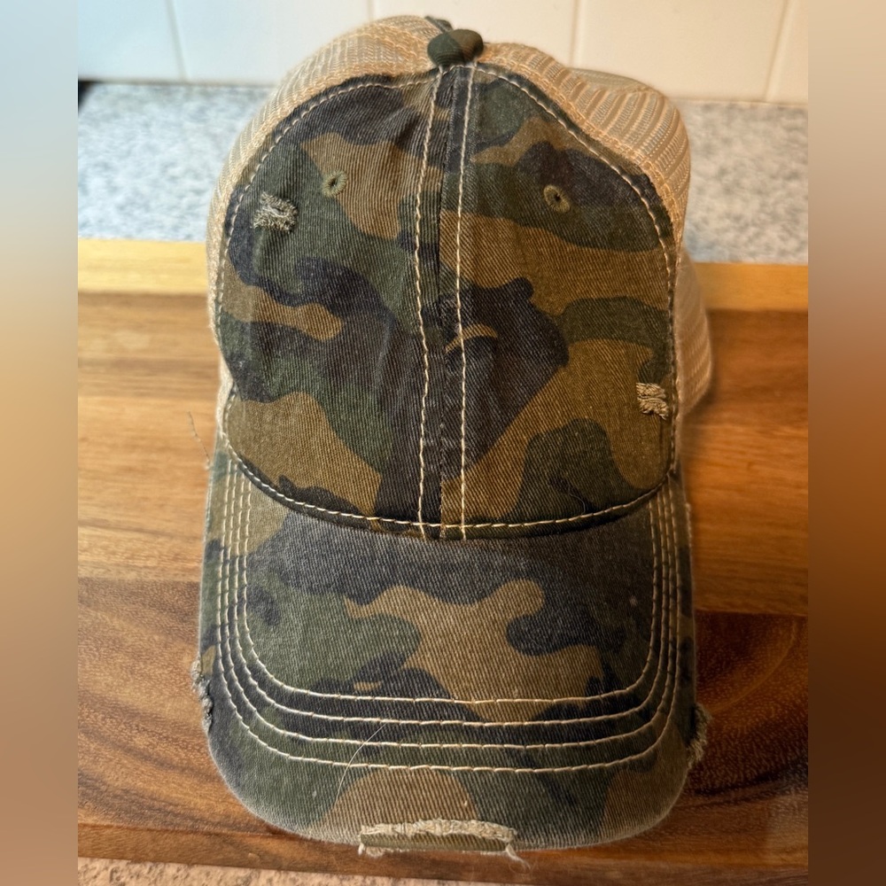 C.C. Exclusives | Women’s Camo Distressed Ponytail Cap with Mesh Back, OSFM